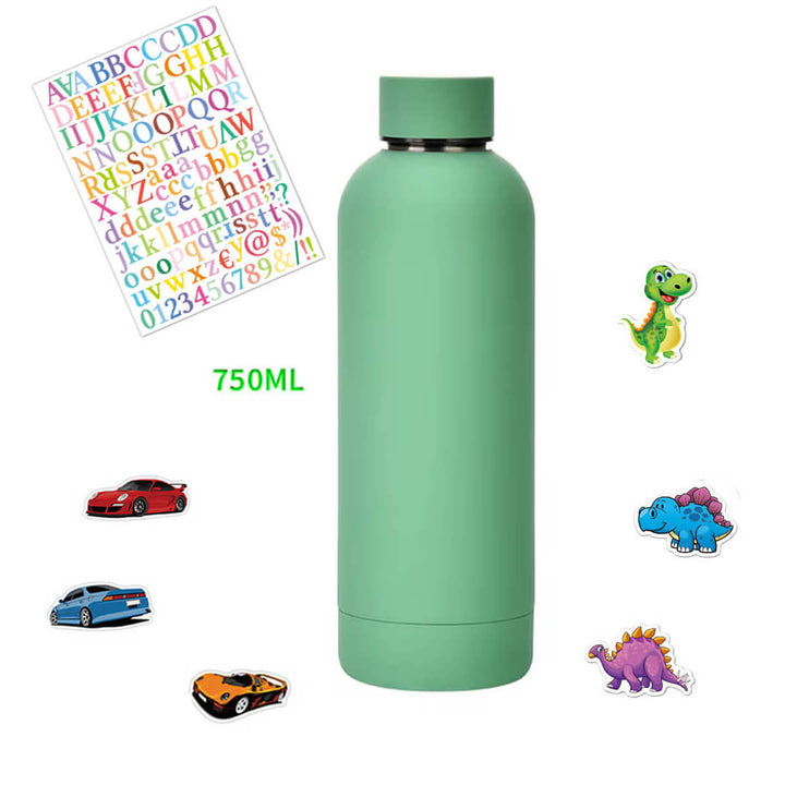 750 ml stainless steel school water bottle with abc & themed stickers, green
