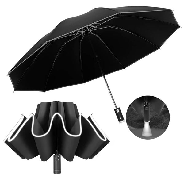 Windproof Automatic 3-Fold Inverted Umbrella with Built-In LED Light - Black