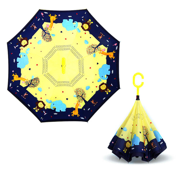 Double-Layer Kids Windproof Inverted Umbrella with C-Handle - Yellow Zoo