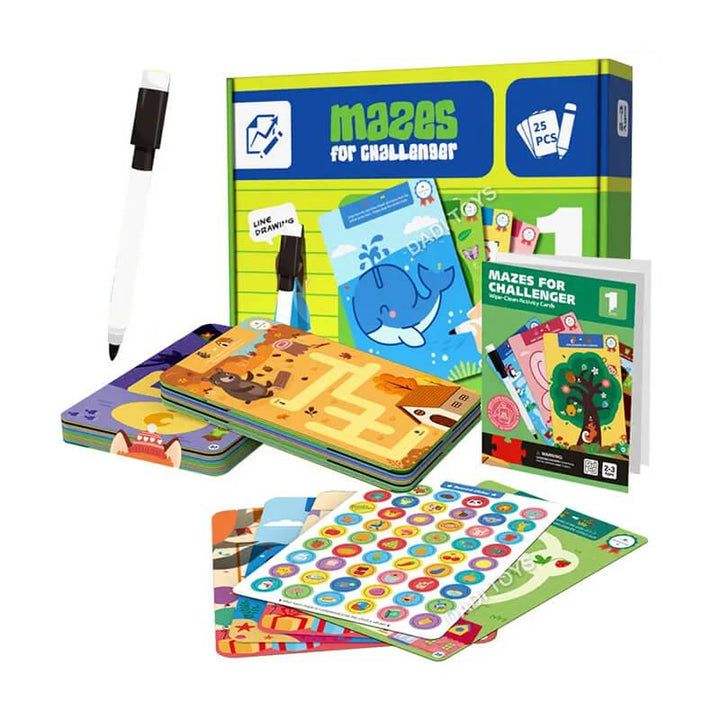 25 Reusable Maze Cards for Kids – Write & Wipe Fun