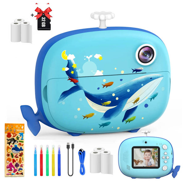 Blue Whale Instant Print Camera – 32GB & 6 Rolls Ink-Free Cyan