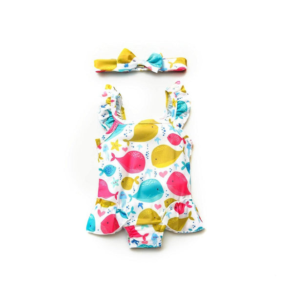 Toddler Girls Cute Fishes Swimsuit with Headband (9-18 months)