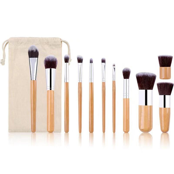 Eco-Friendly 11-Piece Makeup Brush Set with Beige Bamboo Handles