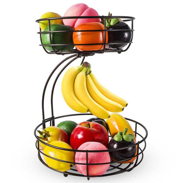 2-Tier Metal Wire Fruit Storage Basket with Banana Hanger