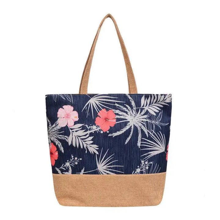 Tropical Floral Printed Canvas Beach Bags Black Flowers