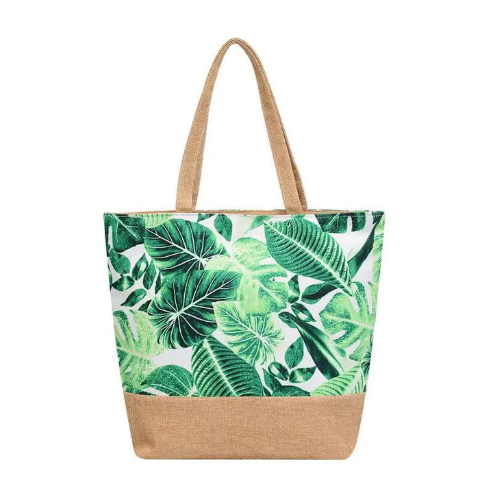Tropical Floral Printed Canvas Beach Bags Green Leaves