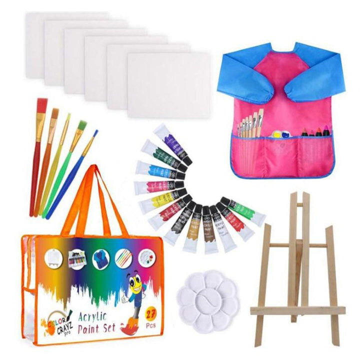 27-Piece Kids Art Set: Non-Toxic Acrylic Paint, Canvas & Easel Included Pink