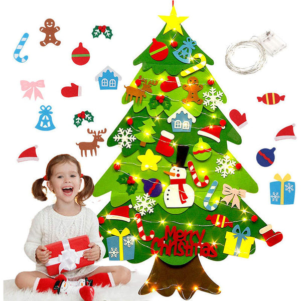 Felt Christmas Wall Tree Set with 32 Decorations & LED String Lights