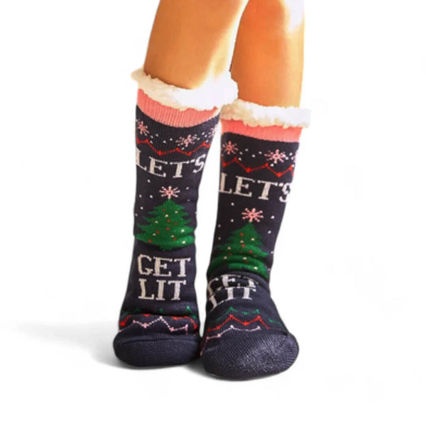 Non-Slip Warm Christmas Fleece Sleep Socks  - Navy