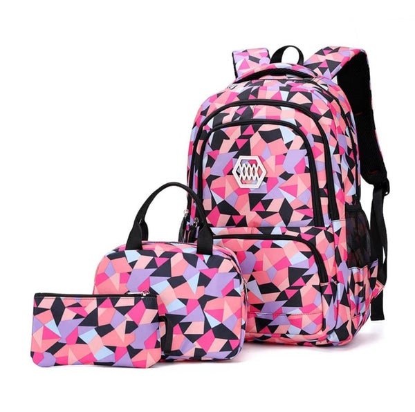 Geometric Backpack Set of 3 Pieces - Pink & Purple Shades