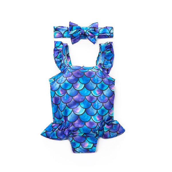 Toddler Girls Mermaid One-Piece Ruffled Swimwear with Bow