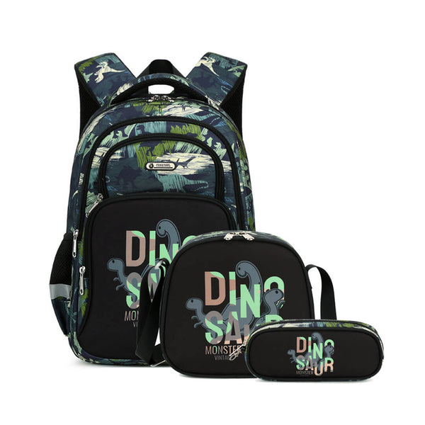 Army green dinosaur backpack with matching lunch bag and pencil case