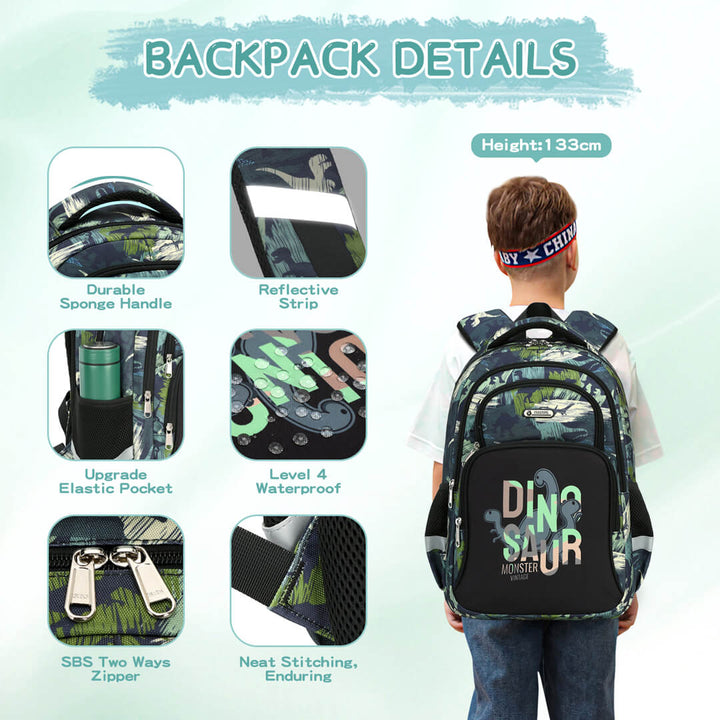 Kid wearing school army green dinosaur backpack comfortably,  age 5 - 10