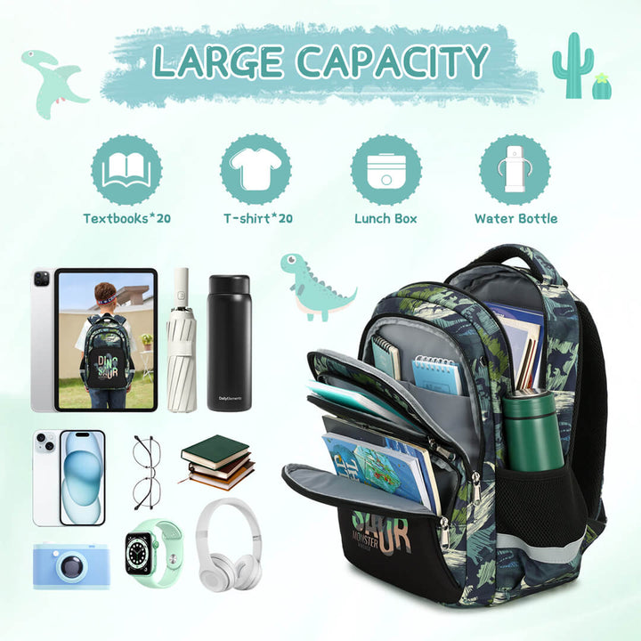 Open view of army green dinosaur backpack showing storage compartments