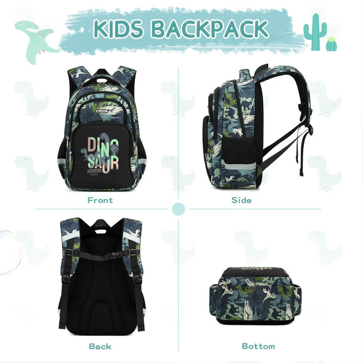 Front, side & back view of the school army green dinosaur-print backpack