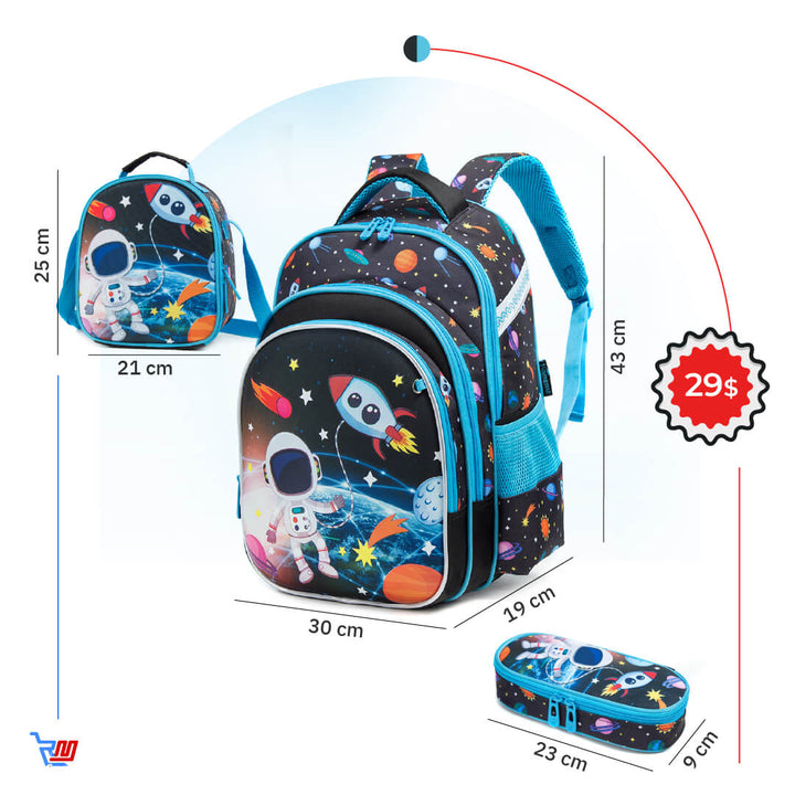 Space-themed backpack 3-piece set with dimensions for grade 1 to 3