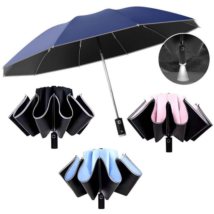 Automatic 3-Fold Inverted Umbrella with Built-In LED Light - Navy