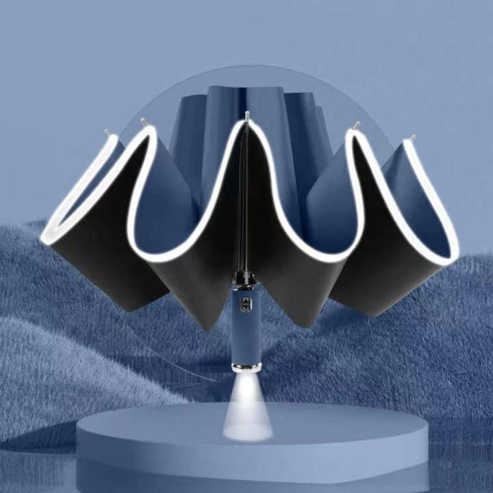 Automatic 3-Fold Inverted Umbrella with Built-In LED Light - Navy