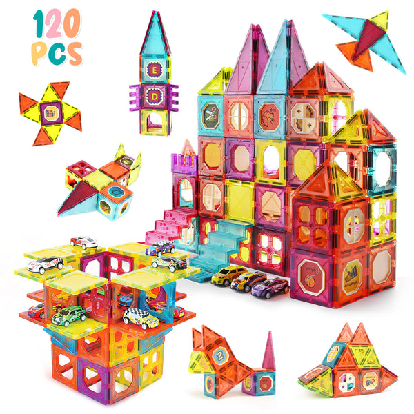 120-Piece Magnetic Tiles and Cars Set for Kids’ Creativity