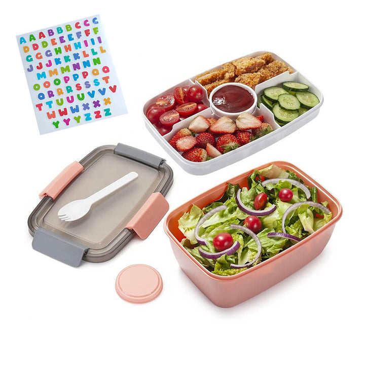School lunch box with removable tray, sauce cup, FORK & abc stickers, pink