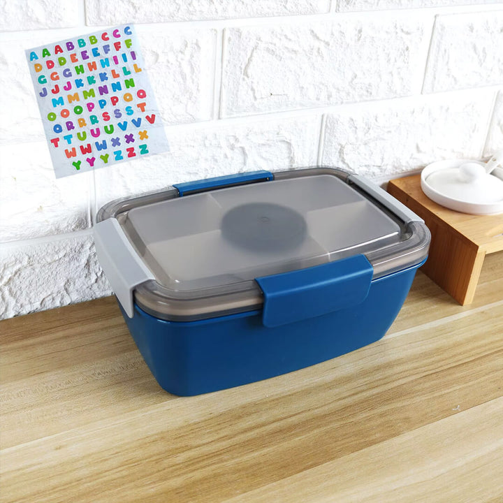 Blue school lunch box with a clear lid, BPA-free & leakproof