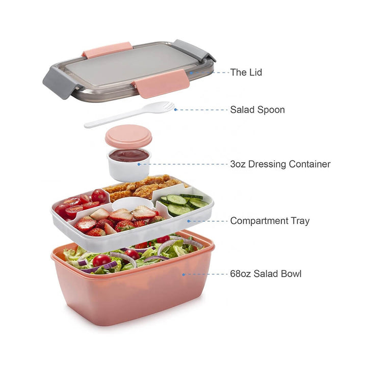 Leakproof school lunch box with sauce cup & fork & removable tray for snacks, pink