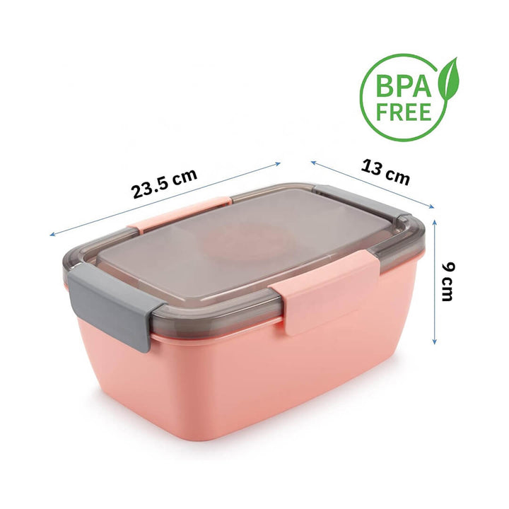 Pink leakproof & BPA-free lunch box for kids with utensil and sauce cup, dimensions