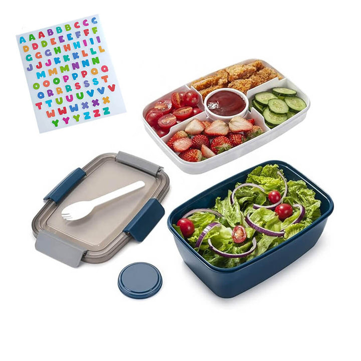 School lunch box with removable tray for snacks, sauce cup, fork & abc stickers, blue