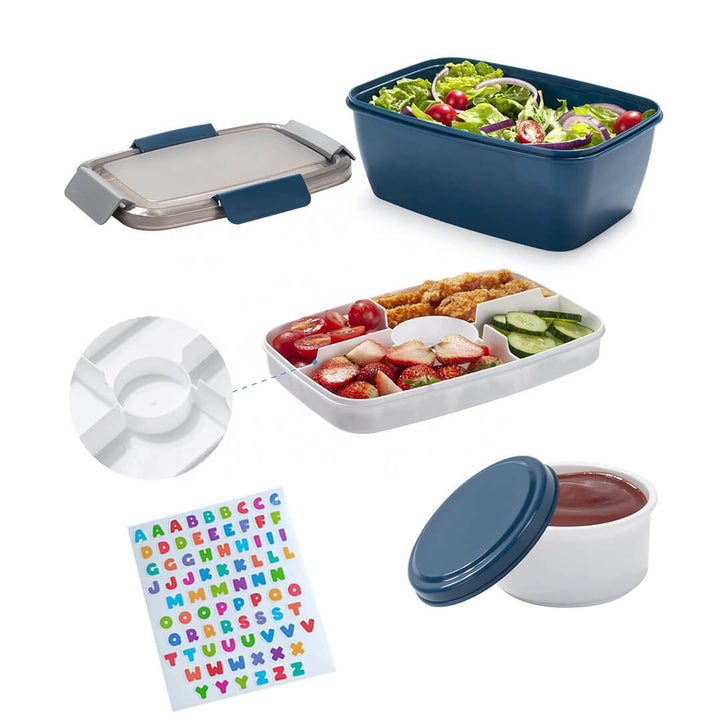 School lunch box with removable tray, sauce cup, fork & abc stickers, blue