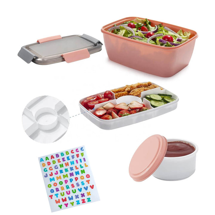 School lunch box with removable tray, sauce cup, fork & abc stickers, pink
