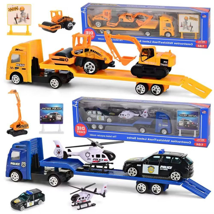 Compact Vehicle Trailer Truck Set - Red Fire, Blue Police, Yellow Construction