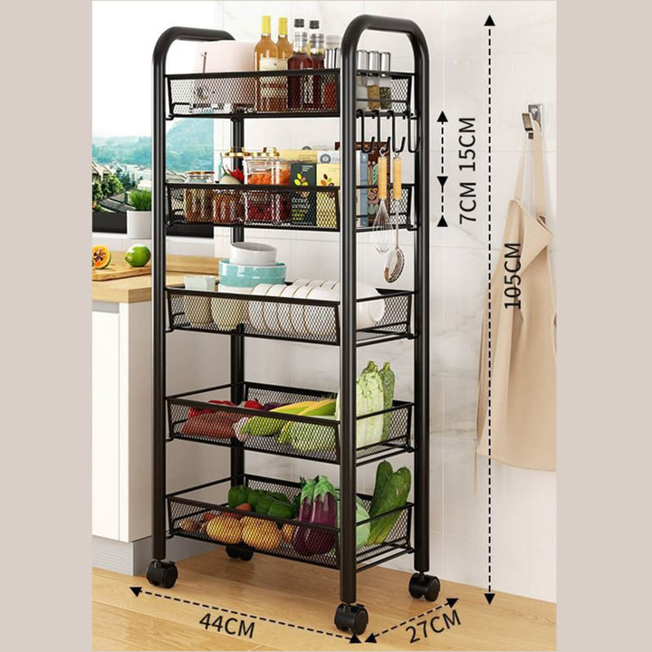 5 Layers Steel Movable Kitchen Cart - Black & White