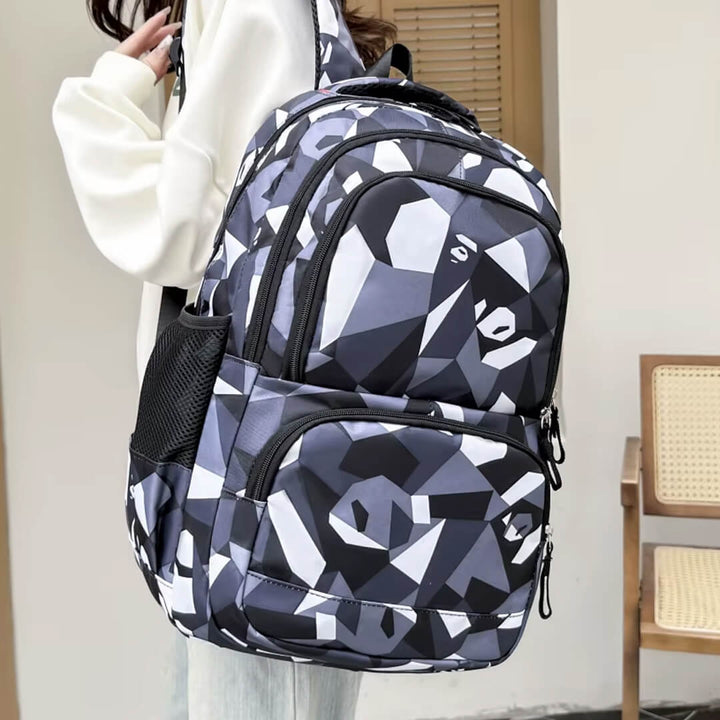 Stylish grey triangle backpack with lunch bag and pencil case, grade 4 - 9