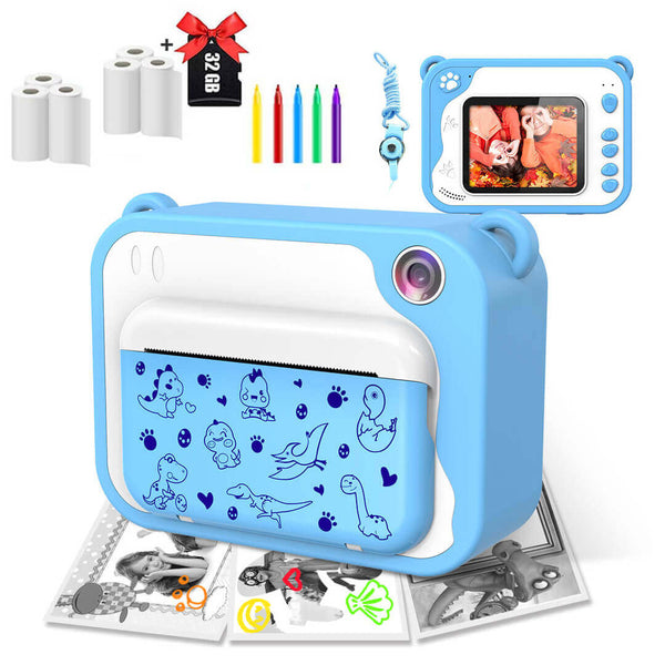 Instant Print Camera + 6 Rolls & 32GB SD Card - Blue Dino