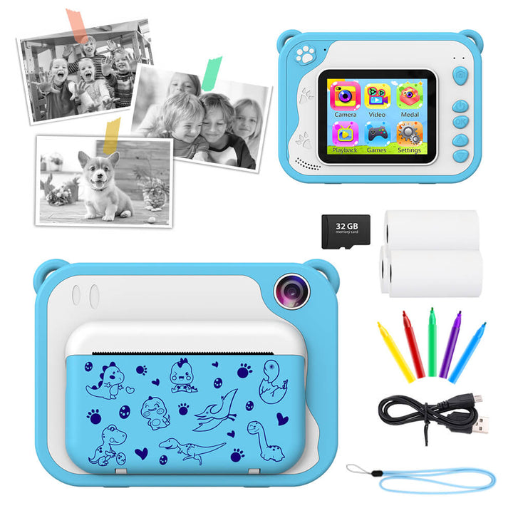Instant Print Camera + 6 Rolls & 32GB SD Card - Blue Dino Blue
