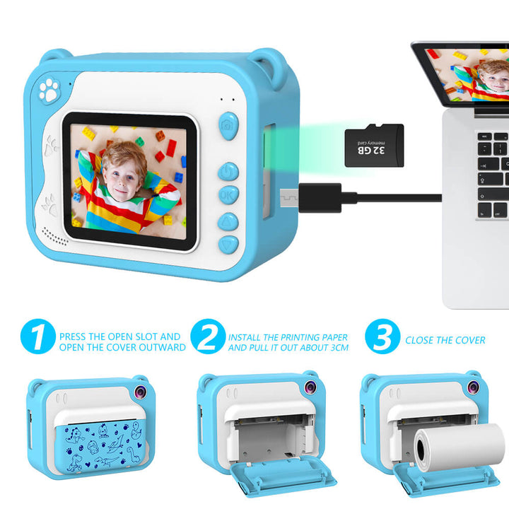 Instant Print Camera + 6 Rolls & 32GB SD Card - Blue Dino