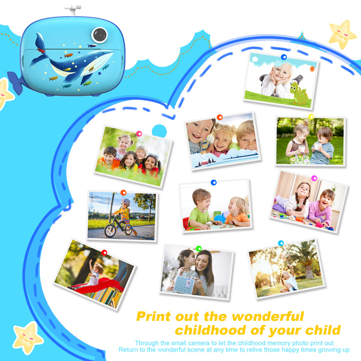 Blue Whale Instant Print Camera – 32GB & 6 Rolls Ink-Free