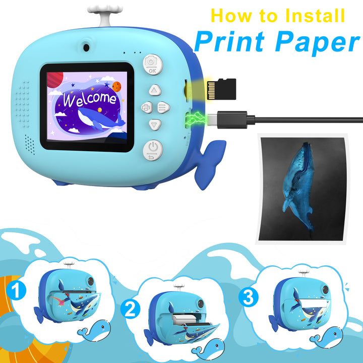 Blue Whale Instant Print Camera – 32GB & 6 Rolls Ink-Free