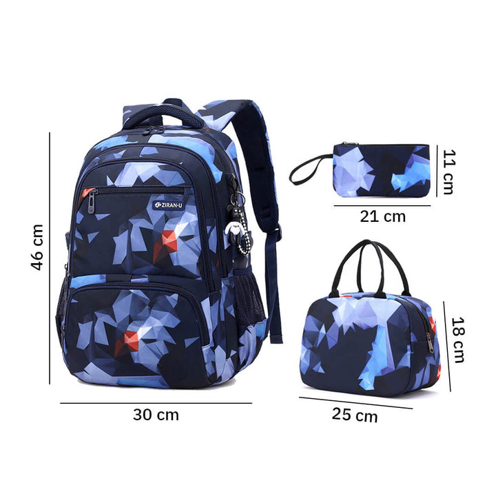 Geometric blue & black school backpack set with measurements for age 8 to 15