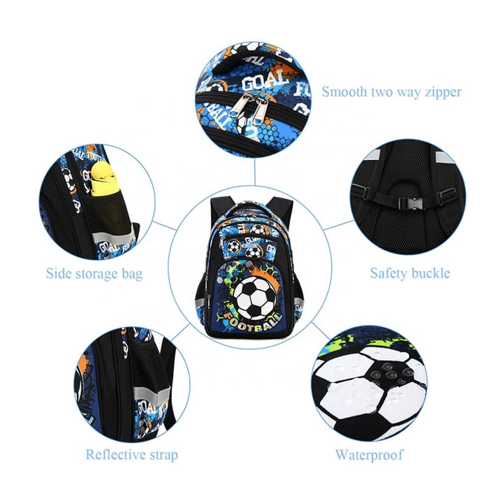 Football design school backpack for boys aged 5–10, detailed shots