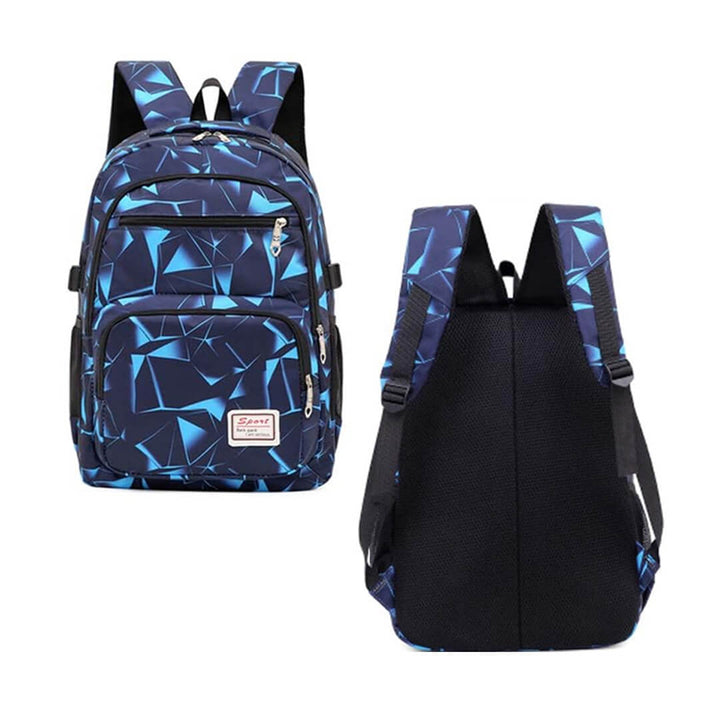 Blue gradient geometric-patterned school backpack shown from front and back