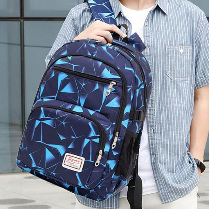 Holding a blue school gradient geometric-patterned backpack 