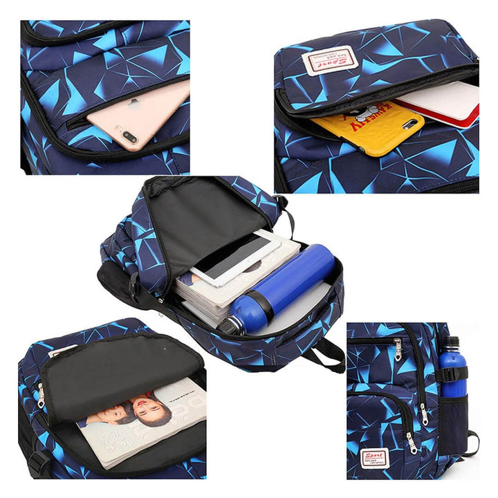 Blue geometric-patterned backpack with various compartments, detailed shots