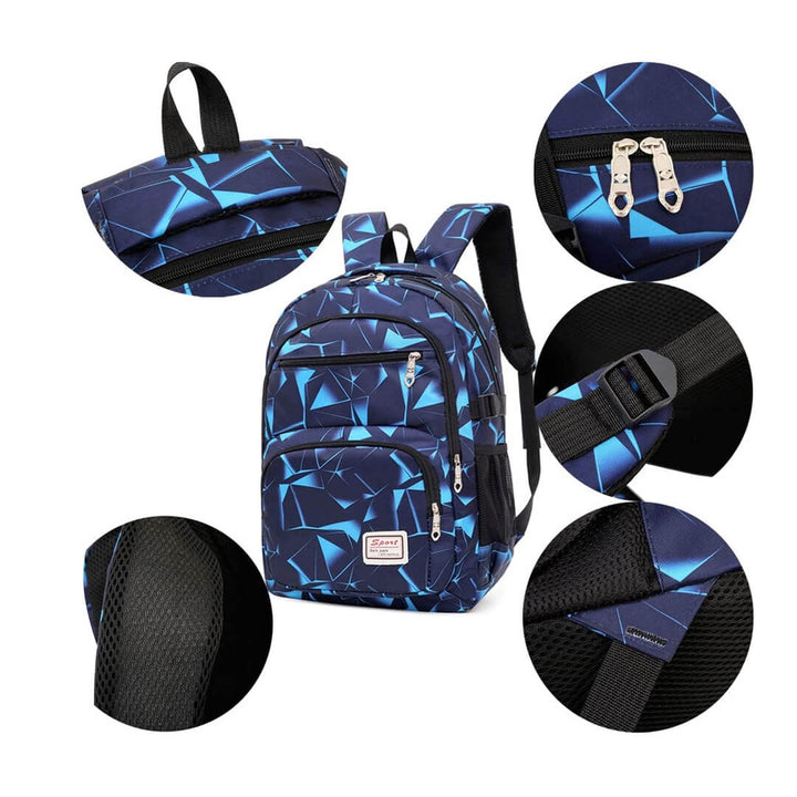 Gradient Blue & navy geometric-patterned backpack with multiple views