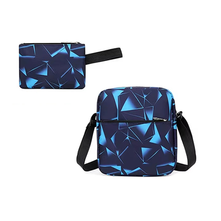 Matching pencil case and shoulder bag in blue triangle print