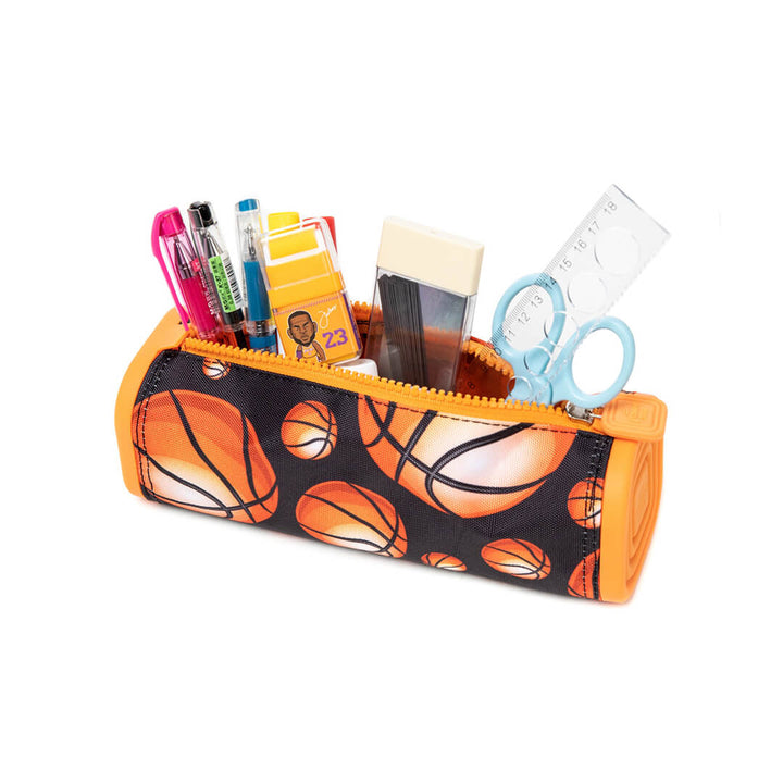 School Pencil case with basketball design filled with stationery for boys