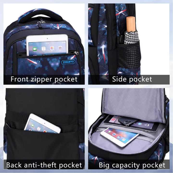 Boys’ school backpack set with close-up of the all sides pockets
