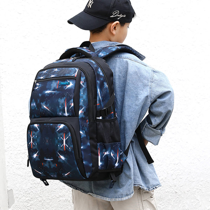 Boy wearing school blue starry-style backpack 