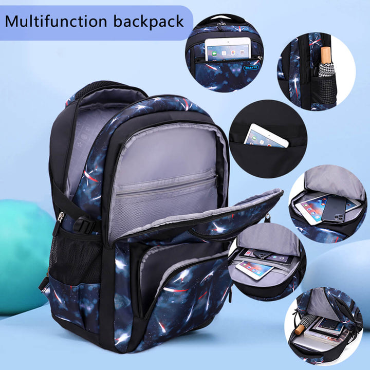 Backpack with open compartments showing spacious interior and divider pockets