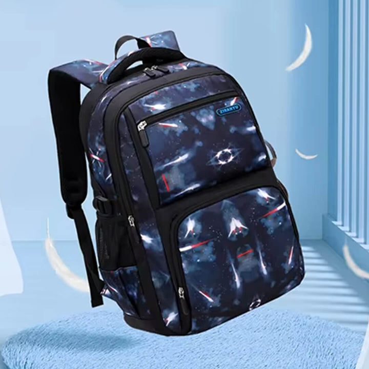 Abstract dark blue school backpack with red and white accents, Lightweight